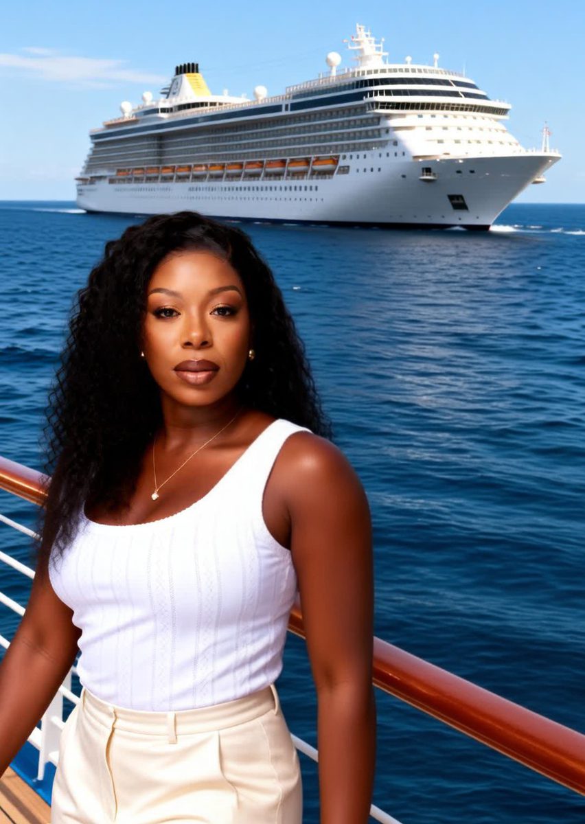 Hayley Molefe on deck with a cruise ship behind her