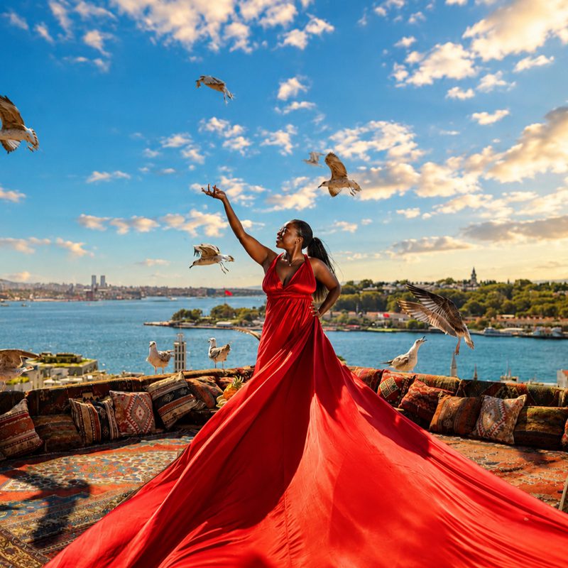 Hayley Molefe in a red gown above the Bosphorus, Istanbul
